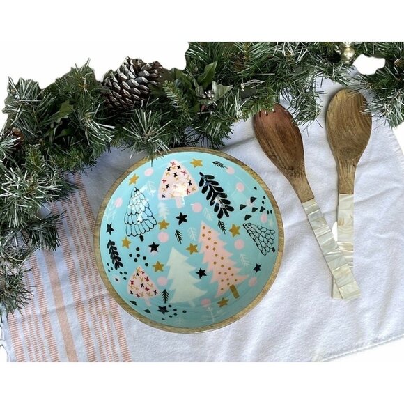 NEW Handpainted Mango Wood Scandinavian Style Christmas Serving Bowl - Picture 4 of 5